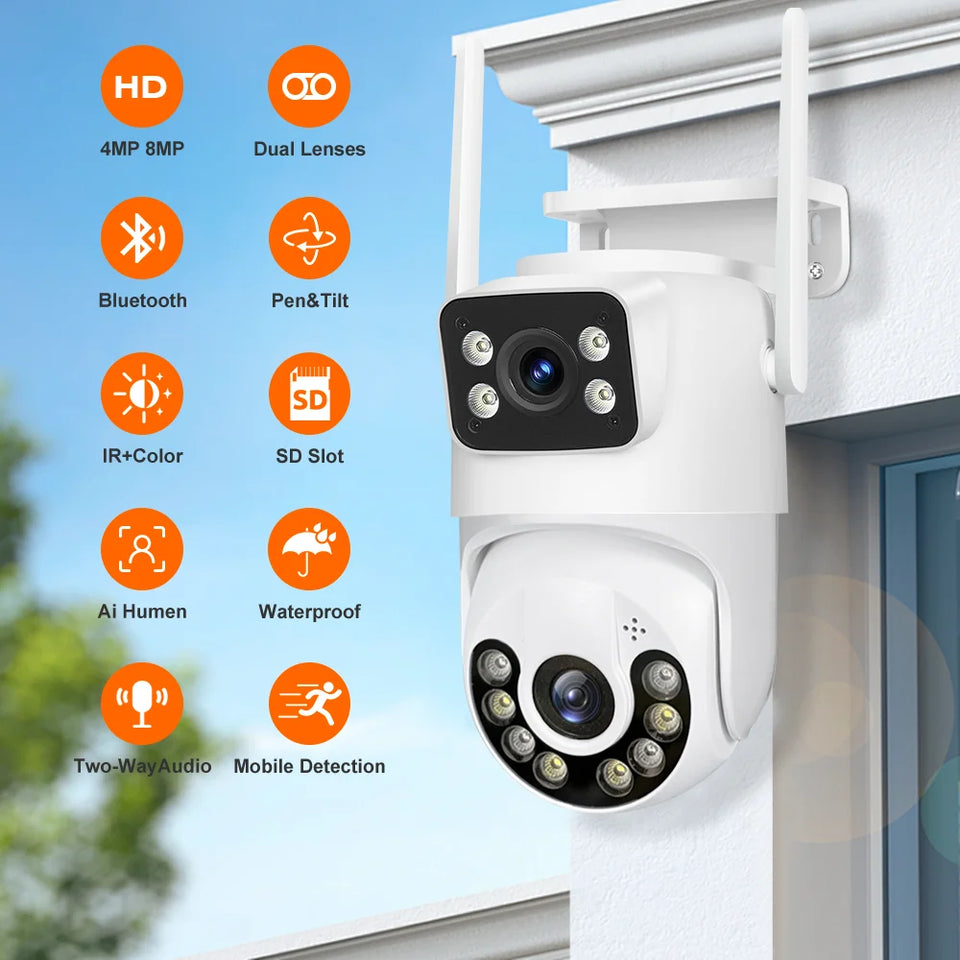 Outdoor Wireless Security IP Camera 4K 8MP HD Dual Lens External Wifi PTZ Camera Auto Tracking Street Surveillance Camera iCsee