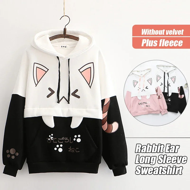 Harajuku Funny Women Hoodies 100% Cotton Winter Plus Fleece Cute Pink Anime Sweatshirt Teen Girl Kawaii Long Sleeve Y2K Hoodie