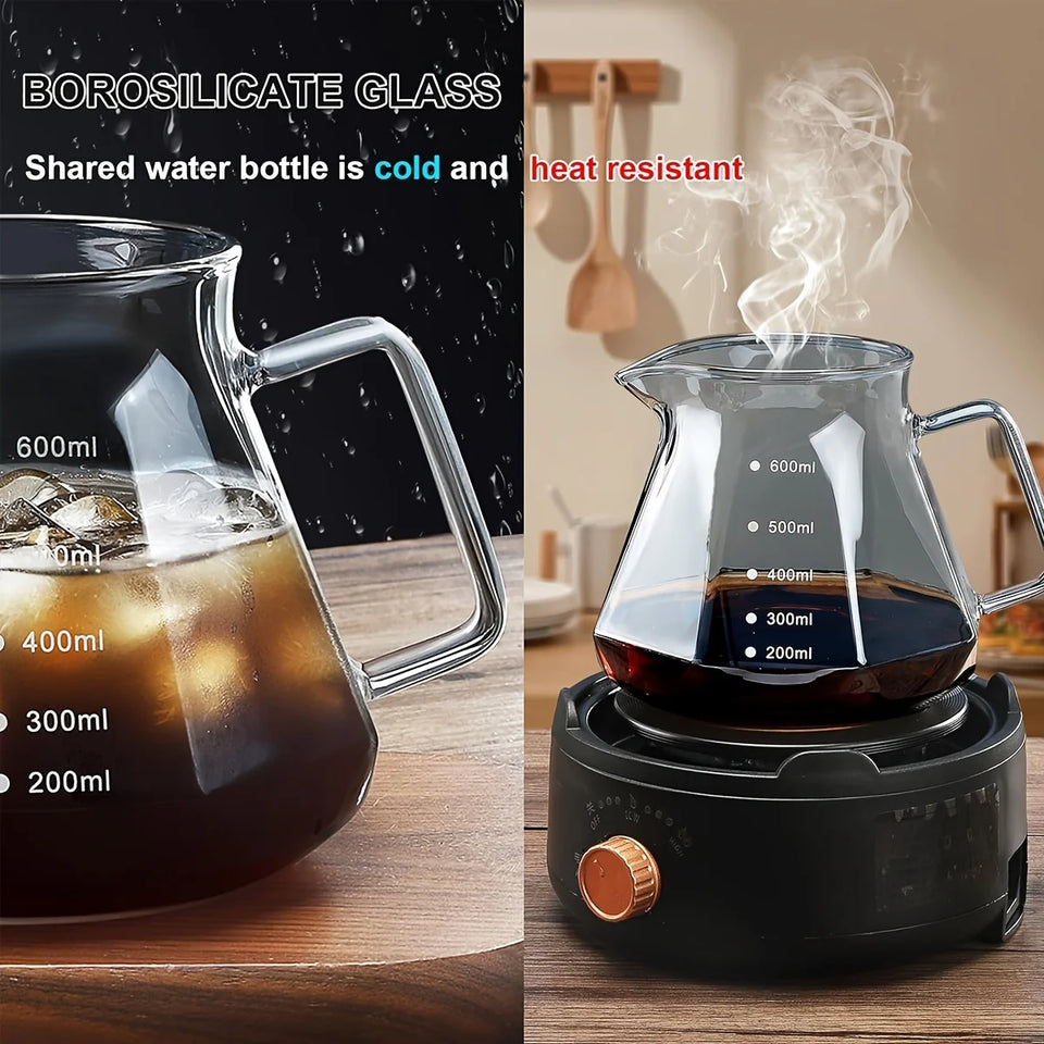 Pour Over Coffee Maker Set, 20 oz Borosilicate Glass Carafe with 100 pcs V02 Paper Filter, Walnut Handle & Glass Lid, Gray