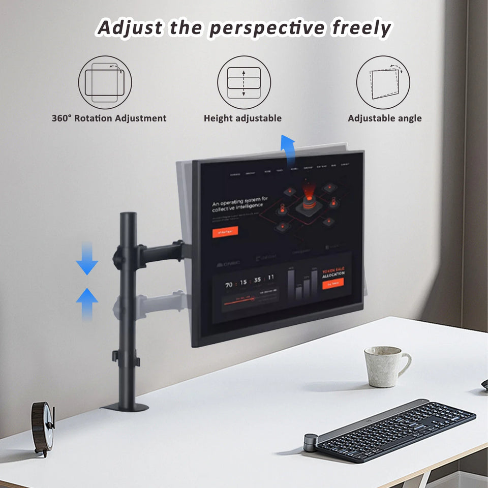 Adjustable Single Monitor Arm – Universal Mount for 12-32" Screens, Height/Angle Adjustable, Sturdy Steel, Ideal for Home Office