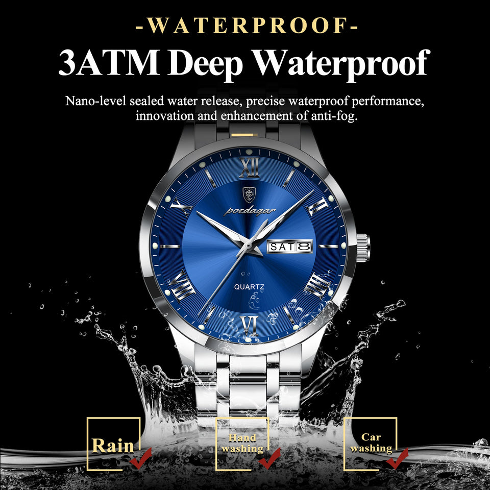 POEDAGAR Luxury Man Clock Waterproof Luminous Week Date Fashion Men's Wristwatch Stainless Steel Business Quartz Watches For Men