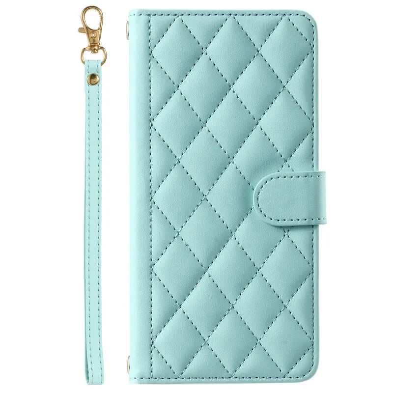 Crossbody Checkered Leather Wallet Case For Samsung Galaxy S24 Ultra S23 Plus S22 S21 FE A55 A25 A35 A15 Lanyard Flip Bag Cover