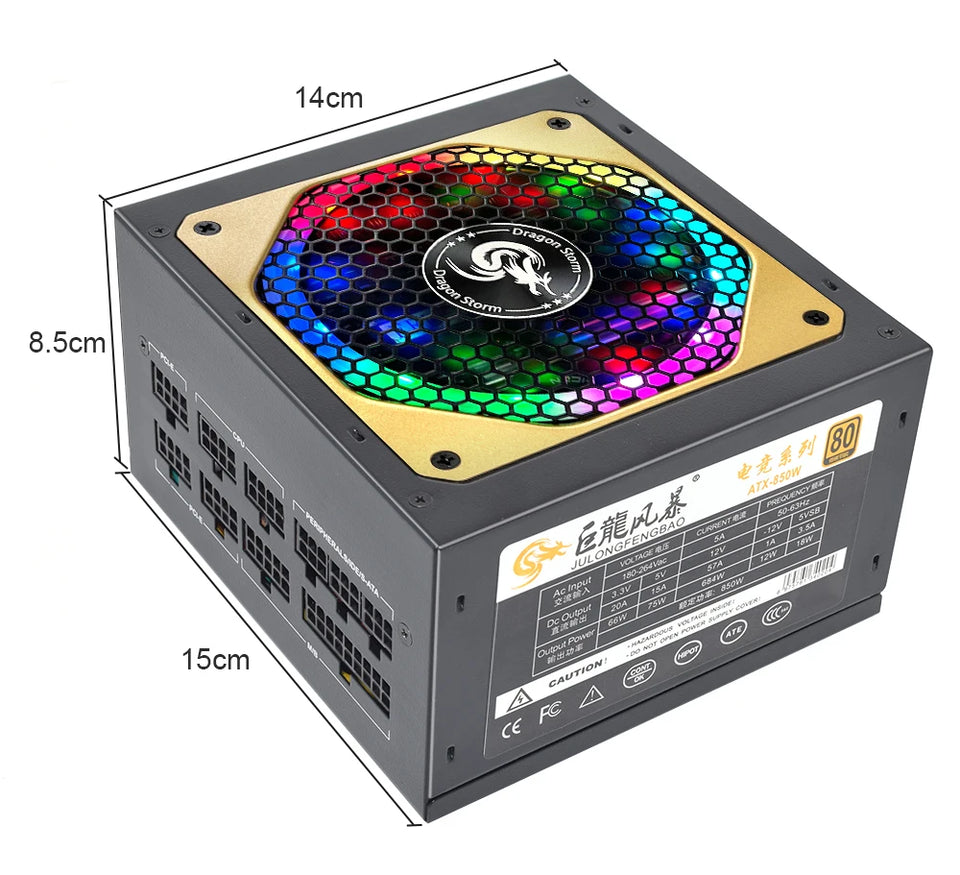 JULONGFENGBAO ATX 850W Full Modular RGB 80Plus Gold 20+4Pin 12V PSU Professional E-Sports Video Game Computer PC Power Supply
