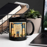 A black Egyptian temple designed ceramic cup with hieroglyphics and columns is suitable for drinking coffee, tea, or water at ho