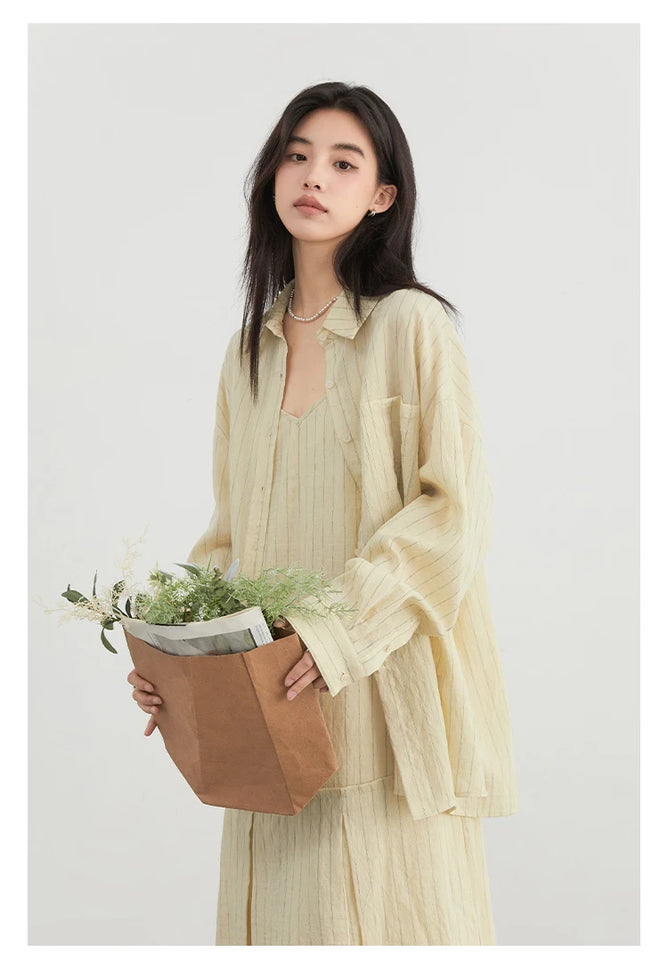 CHIC VEN Women Dress Sets Stripe Shirt Loose Casual Long Sleeve Sunscreen Blouses Camisole V-neck Dresses Spring Autumn 2025
