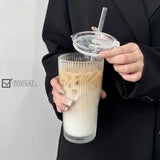 400/600ML Stripe Glass Coffee Cup With Lid and Without Cover Straw Transparent Drinking Glasses for Juice Iced Coffee Mugs