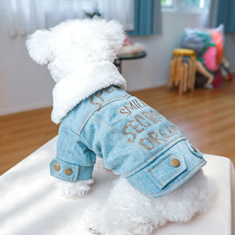 Extra Thick Denim Pet Dog Clothes Breathable French Bulldog Fleece Down Jacket Medium Puppy Clothing Winter York Cat Sweatshirt