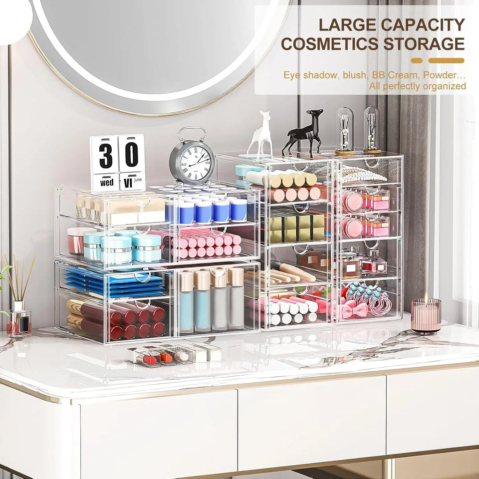 16-Drawer Makeup Organizer, Clear Dustproof Storage for Jewelry, Pens & Stationery