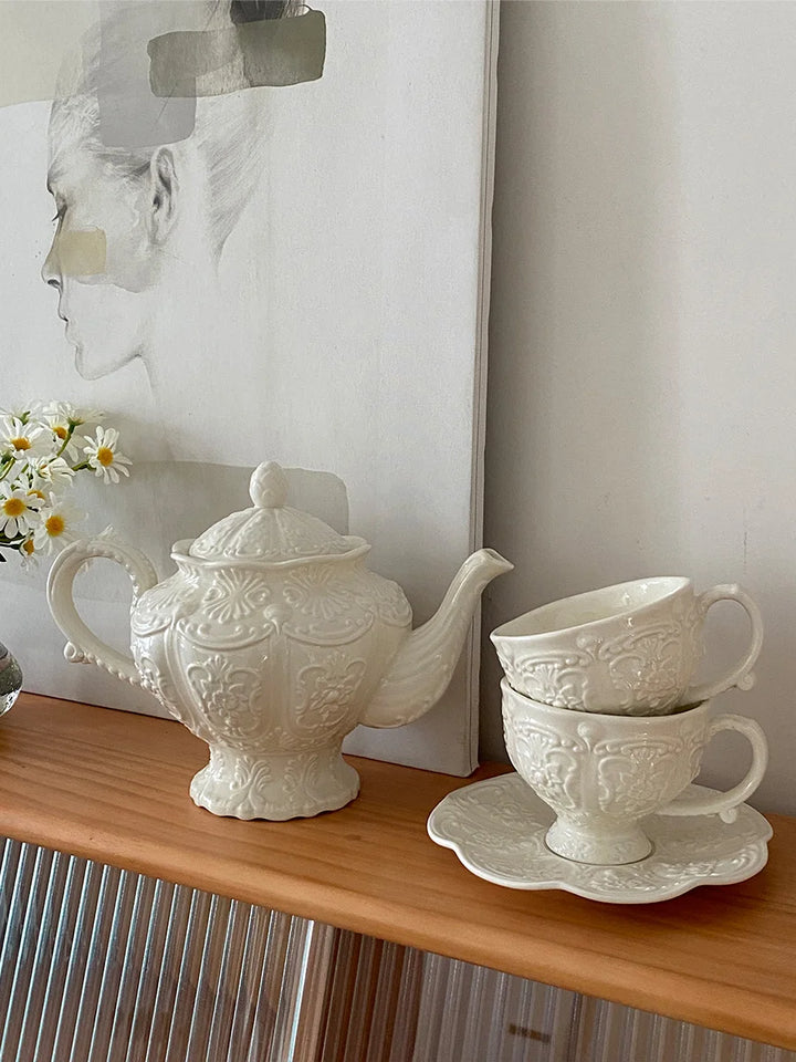 Ceramic European Style Tea Set French Relief Butterfly Flower Palace Pot Black Tea Cup Afternoon Tea Coffee Cup and Plate