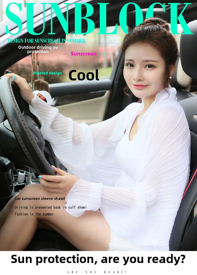 Summer Multi-functional Sunscreen Shawl Women's Long-sleeved Loose Light Breathable Anti-UV Pleated Chiffon Scarf Driving Sleeve