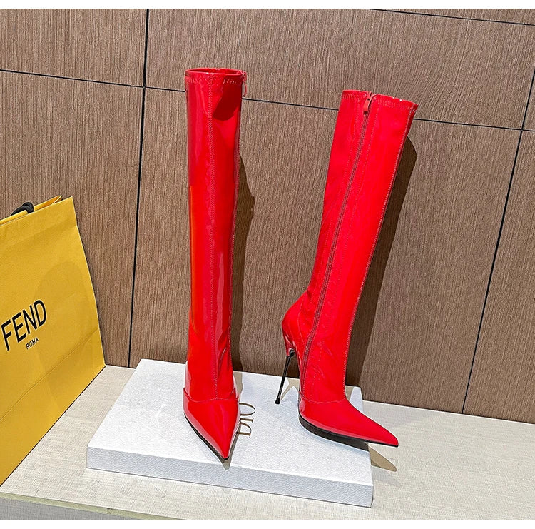 Knee-High Modern Boots Pointy Toe Women Shoes 13cm Ultra Thin Steel High Heels Metal Heel Calf Boots for Women Fun Shoes Size 46