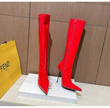 Knee-High Modern Boots Pointy Toe Women Shoes 13cm Ultra Thin Steel High Heels Metal Heel Calf Boots for Women Fun Shoes Size 46