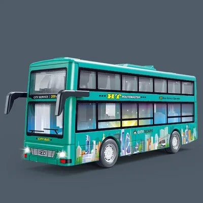 Children Inertia Pull Back Vehicles Toy Double Decker Sightseeing Bus Open Door Lights Music Die Cast Vehicles Toys for Boys