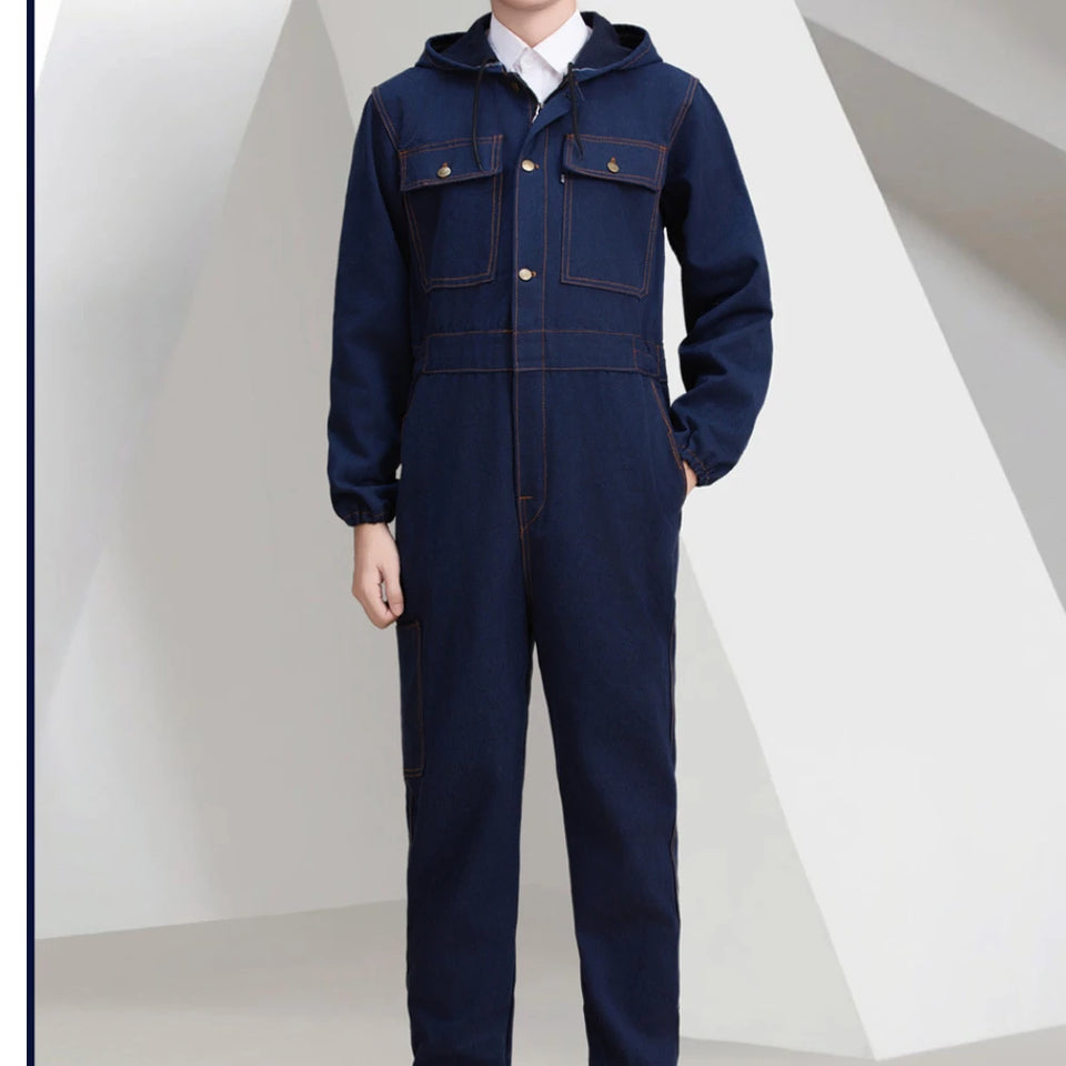 Thickened one-piece denim workwear, wear-resistant labor protection clothing, men's dust-proof auto repair crew clothing, workwe