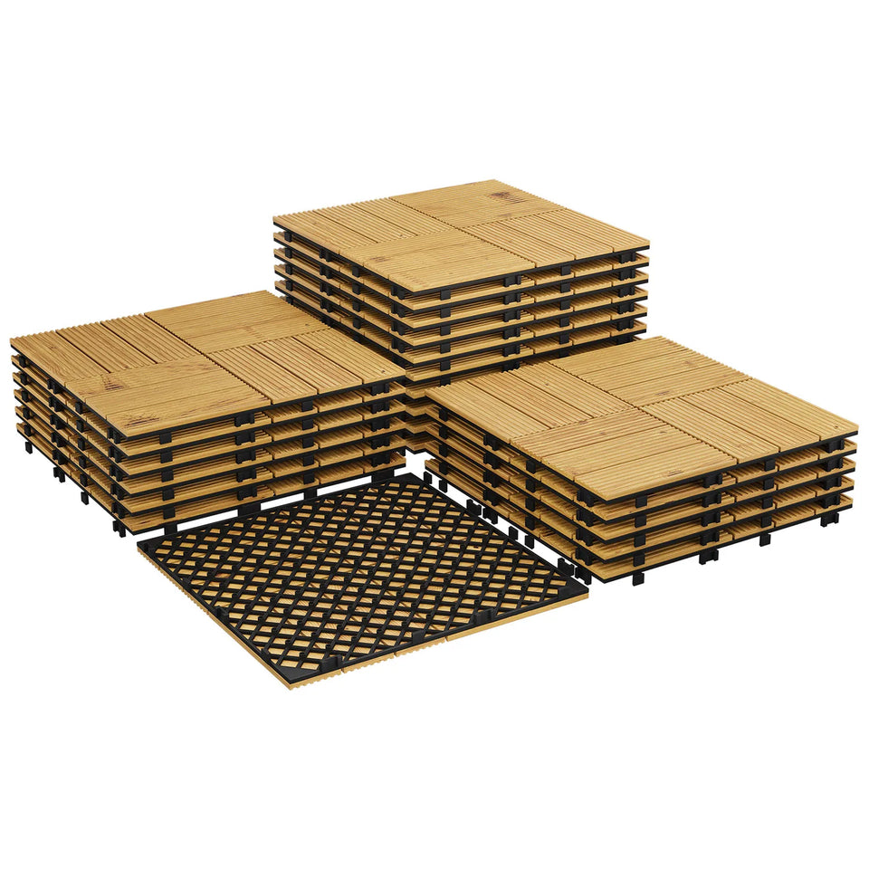 Acacia Wood Connected Deck Tiles for Patio & Outdoor Decor, 12"x12" Firm Weatherproof Non-Slip Wooden Flooring, 22/33 Panels