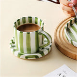 280ml/9.5oz afternoon tea coffee cup, Minimalist striped hand drawn cup and plate set, ceramic milk coffee cup, household drinki