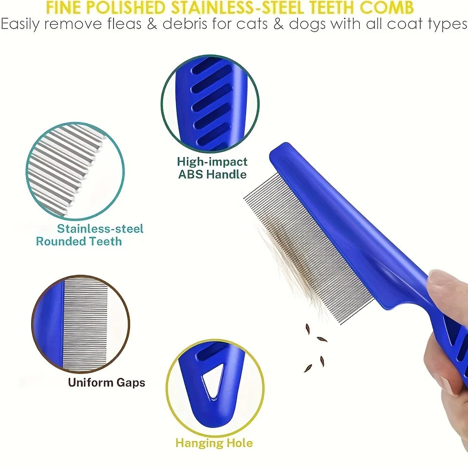 Pack of 4 Flea and Lice Combs, Stainless Steel Rabbit Dog Cat Grooming Comb with Round Teeth, Double-sided Professional Pet Tear