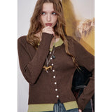 ELFSACK 2025 Autumn New Arrivals Casual V Neck Color Block False Two Piece Knitted Sweater For Woman