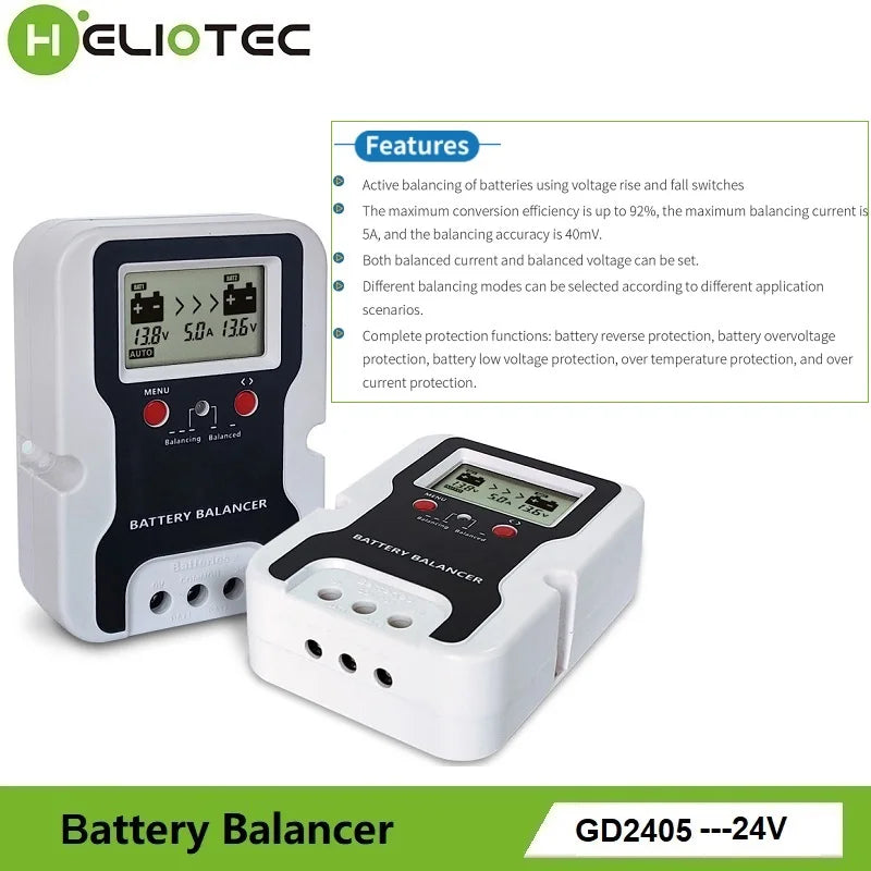 HELIOTEC 24V LED Display Battery Equalizer 2 x 12V Flood AGM Lead Acid Battery Bank Voltage Active Balancer Discharge Regulator