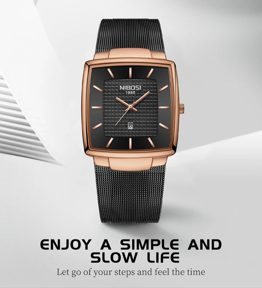 NIBOSI Mens Watches Top Brand Luxury Square Quartz Watch Men Slim Mesh Waterproof Sport Wristwatch Date Luminous Reloj Hombre