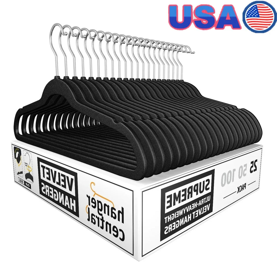 25 Pack Heavy Duty Velvet Hangers Non-Slip 360 Rotating Chrome Hook Space Saving Closet Organizers Ultra Thin Design