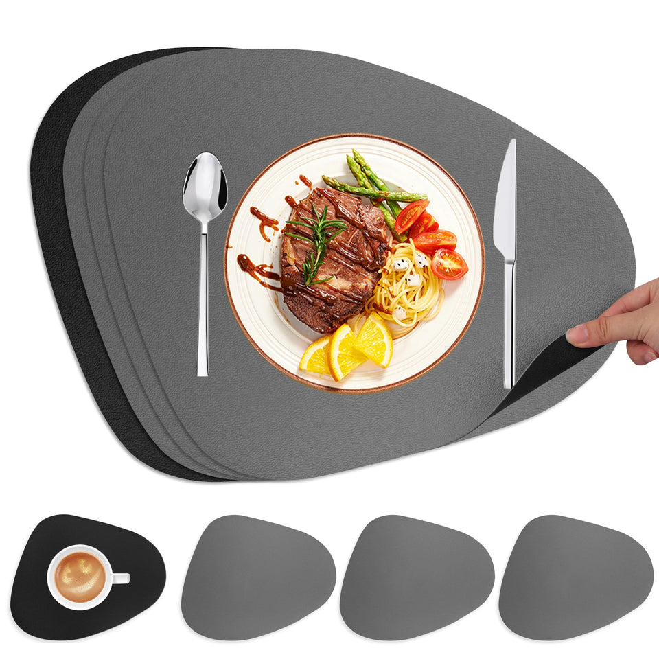 Double Sided Anti Slip PU Pad Table Mat with Coaster Oil-Proof Waterproof Leather Placemat Kitchen Dinner Coffee Tables Mats
