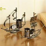 Creative Sailboat Shaped Pen Holder With Clock Office Pencil Box Desk Organizer Stand Case Stationery, Home Desktop Decoration