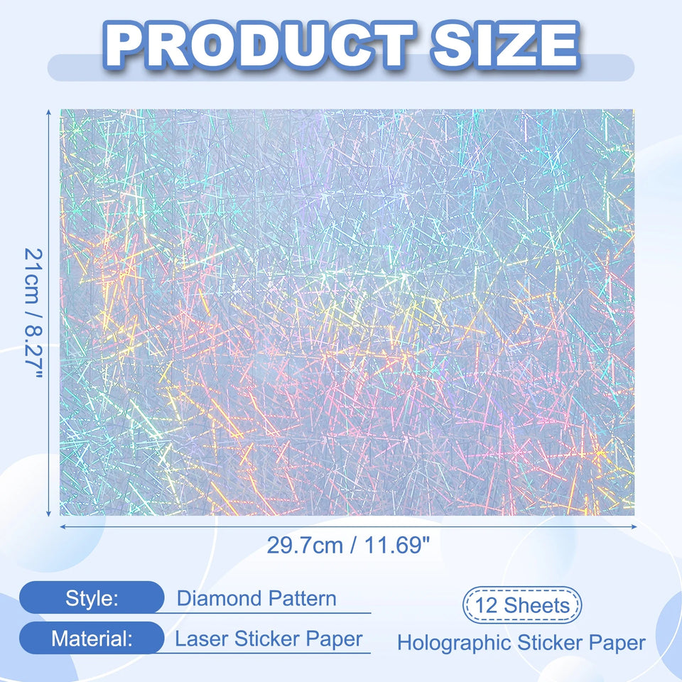 12Sheets Printable Holographic Sticker Paper Vinyl Sticker Paper A4 Waterproof Quickly Stickers for Laser Printer Inkjet Printer
