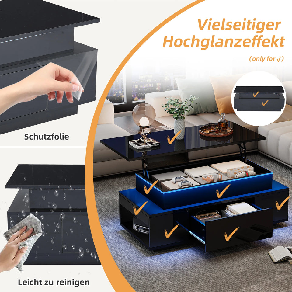 KOMHTOM Black height adjustable coffee table high gloss coffee table with hidden storage, drawer and LED lighting