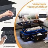 KOMHTOM Black height adjustable coffee table high gloss coffee table with hidden storage, drawer and LED lighting