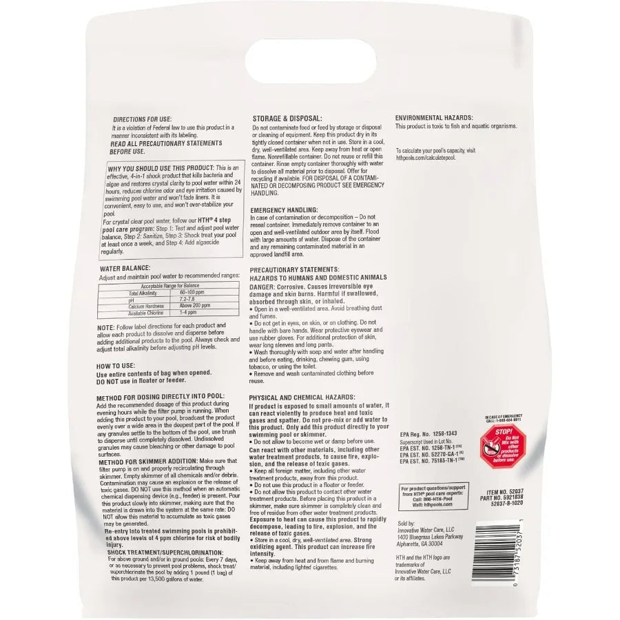 52037R Pool Care Shock Advanced Swimming Pool Chemical Cal Hypo Formula Prevents Bacteria Algae Restores Crystal 1lb (12 Pack)