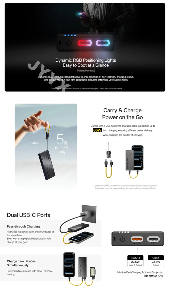 NITECORE NB10000 Gen4 10000mAh 9V Carbon Fiber Power Bank 22.5W Fast Charge Mobile Outdoor Powerbank IPX7 Dual USB-C