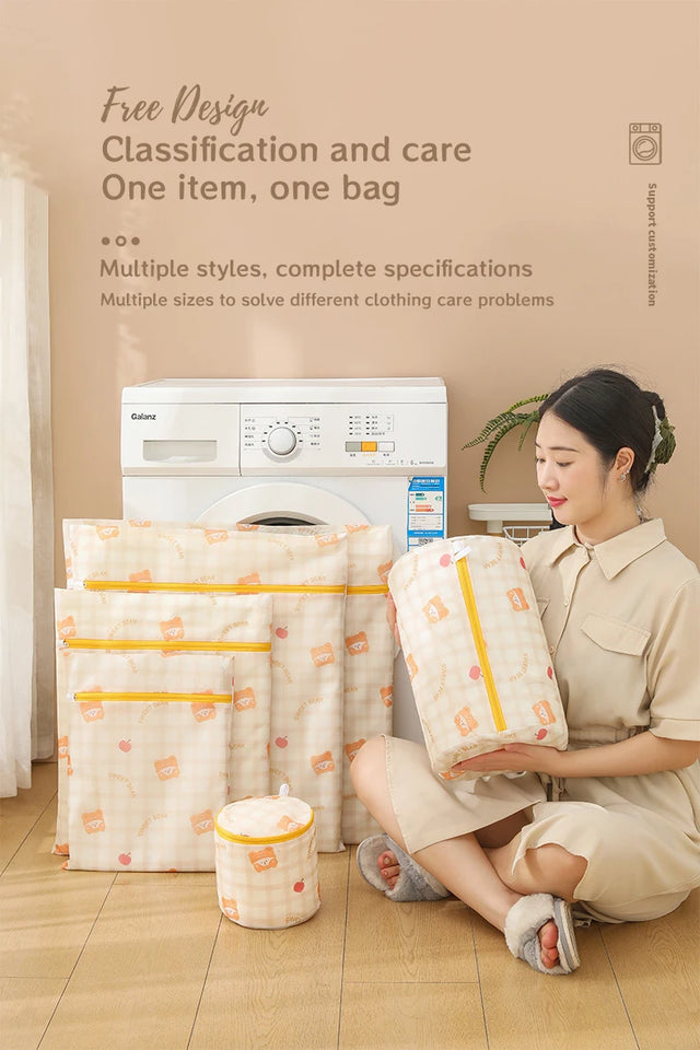 Cartoon Bear Laundry Bag Cute Print Washing Bag For Washing Machine Washroom Organize Dirty Clothes Storage Pouch Laundry Bags