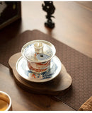 Tea set handmade silver three talents horseshoe covered bowl, Chinese dragon fish respect tea bowl, tea making bowl, tea cup for
