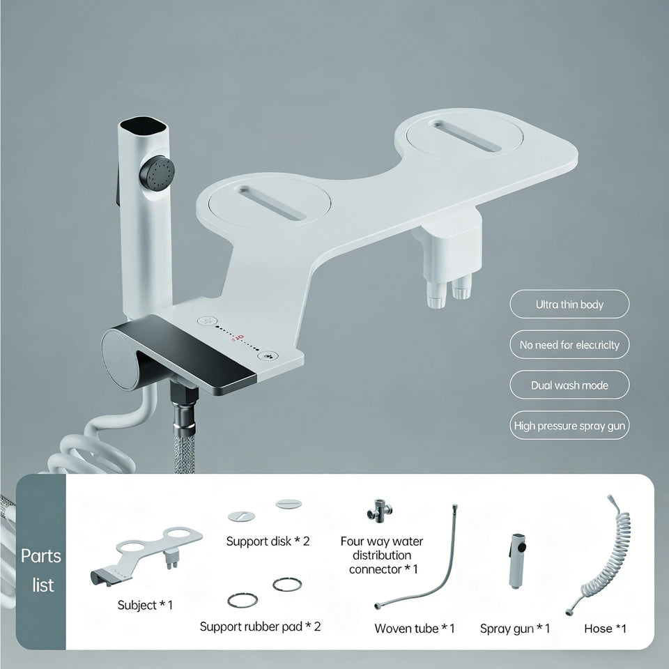 Bidet Attachment Ultra-Slim Toilet Seat Attachment Dual Nozzle Bidet Adjustable Water Pressure Non-Electric Ass Sprayer