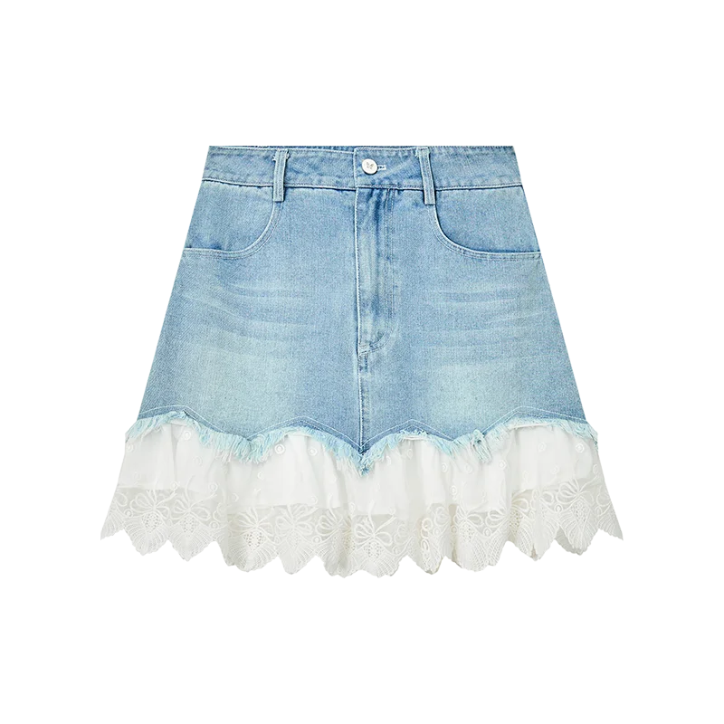ELFSACK 2025 Summer New Arrivals Lace And Lace Patchwork A-Line Denim Skirt For Women