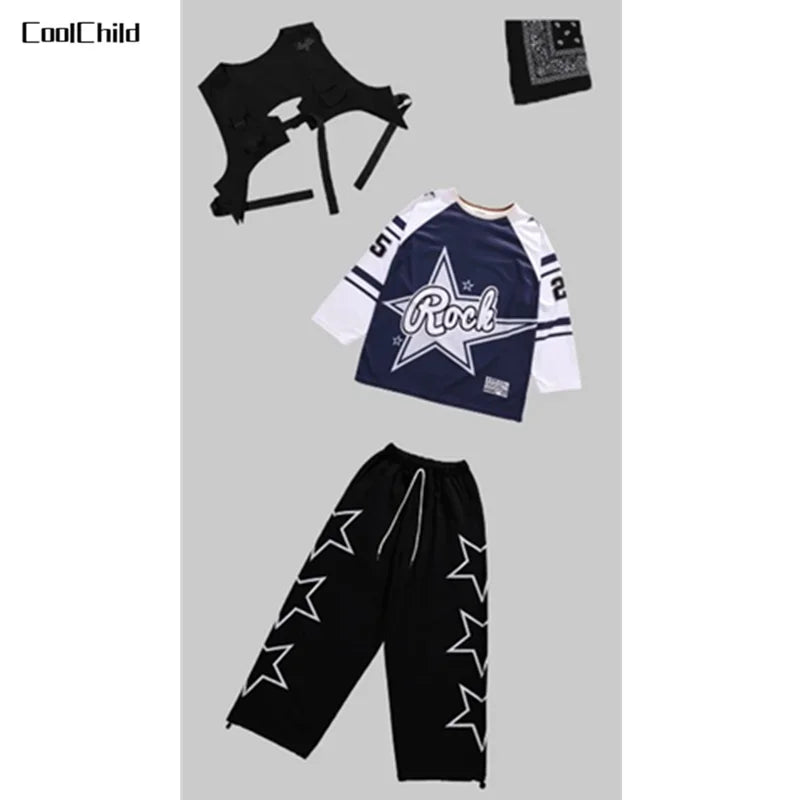 Girls Hip Hop Star Sweatshirt Vest Joggers Pants Boys Cool Streetwear Clothes Set Kids Children Jazz Street Dance K-pop Costumes