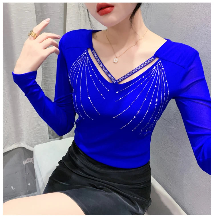 Autumn New Women Mesh Tops Fashion Hollow Out V-Neck Long-Sleeved T-Shirt Classic Shiny Diamonds Bottoming Shirt Elasticity Tees