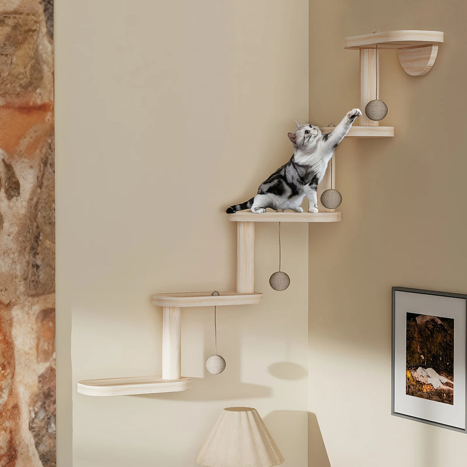 5 Step Wooden Cat Climbing Frame Wall Mounted DIY Cat Ladder Climbing Shelf Wall Steps Shelve for Sleeping Playing Cat Furniture