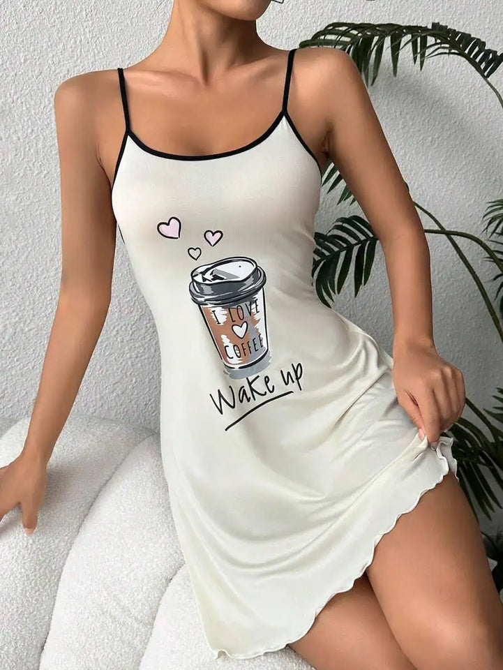 New Womens Summer Cute Coffee Letter Print Sleep Dress Spaghetti Strap Mini Cami Nightgown Lettuce Hem Contrast Trim Loungewear