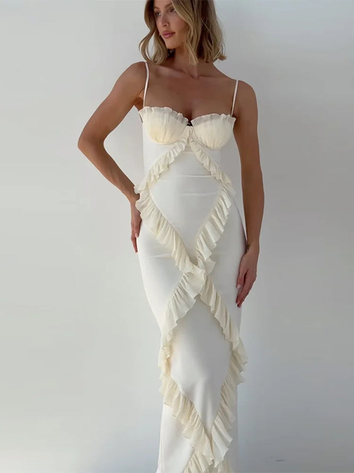 Fashion Patchwork Lace Bag Strap Tops Strapless Women's Beige White Dress Summer Elegant Sexy Nightclub Slit Low Breasts Dresses