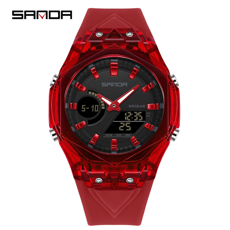 SANDA Top New 6283 Dual Display Multifunctional Student Electronic Watch Alarm Clock Night Light Waterproof Sports Student Watch