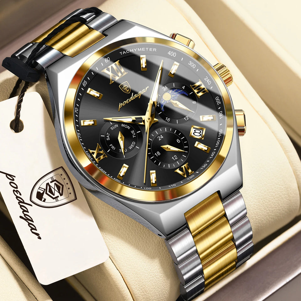 POEDAGAR Fashion Functional Man Wristwatch Luminous Week Date Business Watch For Men Stainless Steel Sports Men's Quartz Watches