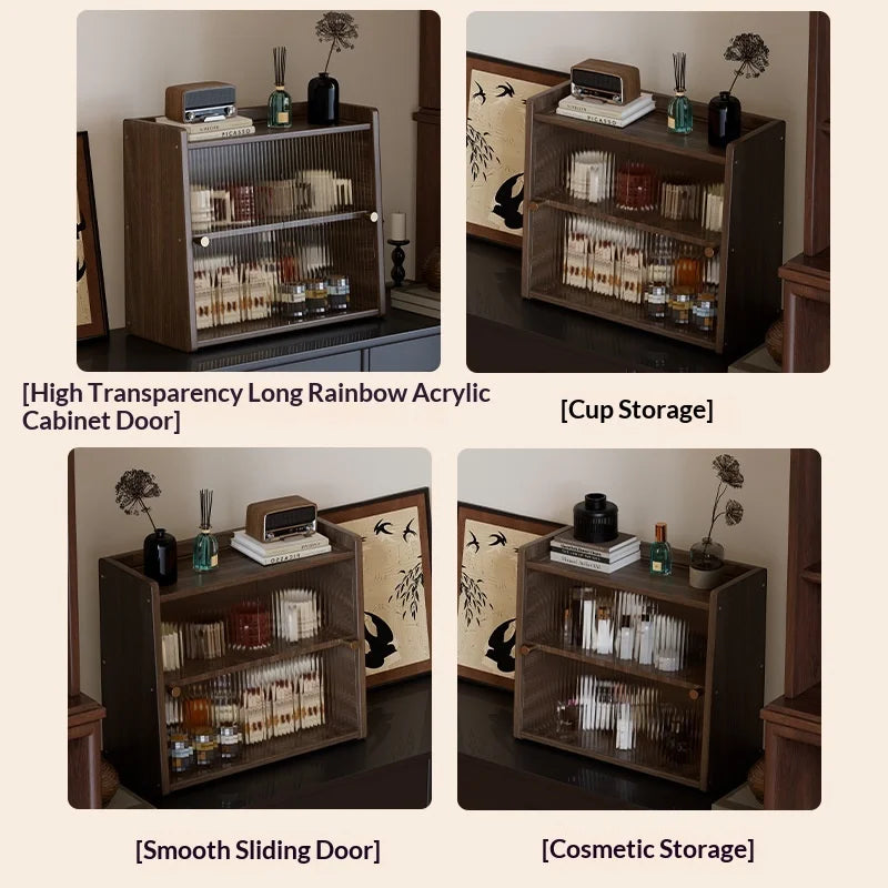 Walnut Wood Living Room Cabinet Storage Dresser Drawer Display Cabinet TV Stand Sideboard Organizer Cup Rack Included Cabinet
