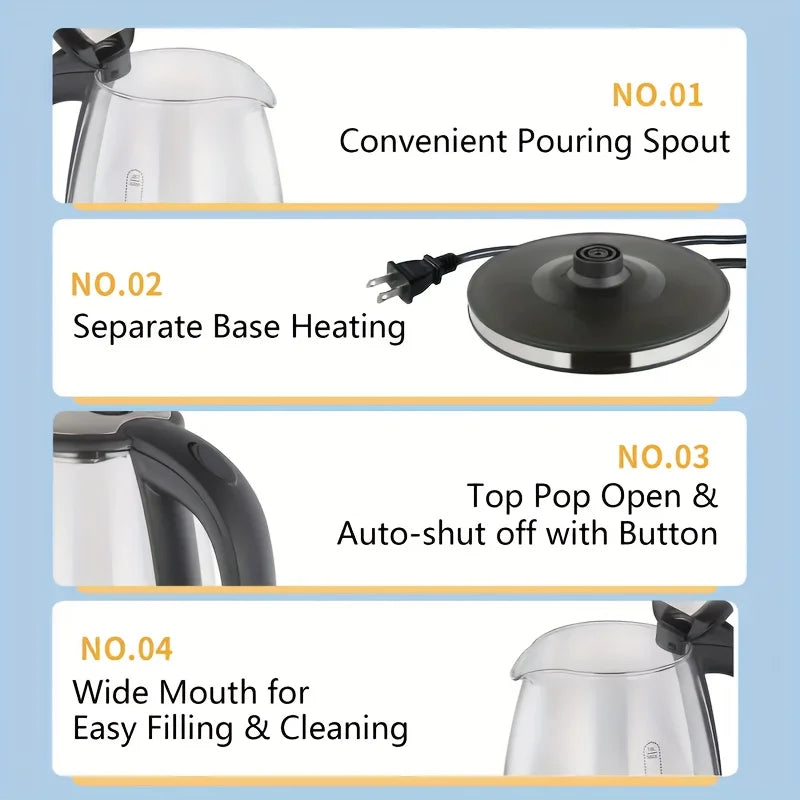 2L Glass Electric Kettle (67.6oz) – 1000W Fast Boiling with Anti-Dry Burn Tech for Kitchen & Dining