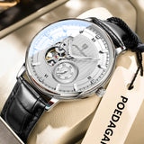 POEDAGAR Fashion Business Men Watch Waterproof Luminous Hollow Tourbillon Male Clock Automatic Mechanical Leather Men's Watches
