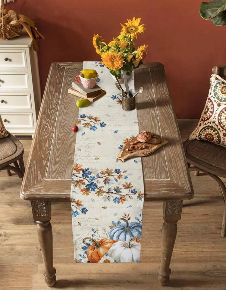 Fall Blue Orange Pumpkins Linen Table Runner Thanksgiving Decoration Autumn Maple Leaf Flowers Printed Table Runners Party Decor