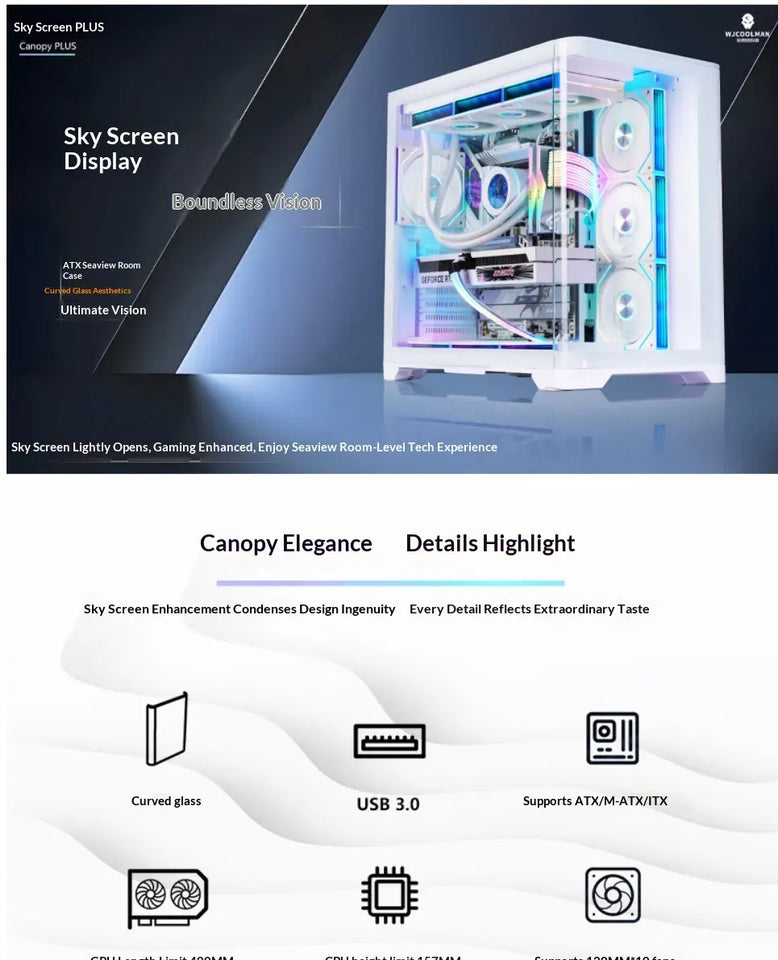 WJCOOLMAN Sky Ceiling PLUS ATX curved glass sea-view room computer case Supports 360-degree water cooling