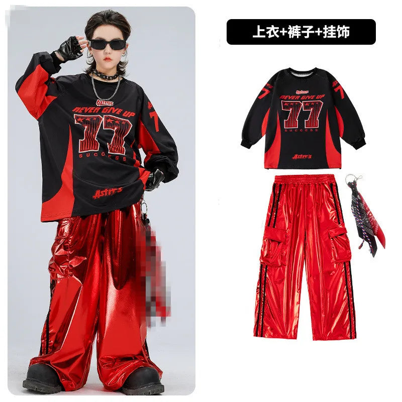 Boys Hip Hop Sweatshirt Shiny Vest Street Dance Cargo Pants Girls K-pop Clothes Set Kid Hip Hop Jazz Costume Children Streetwear