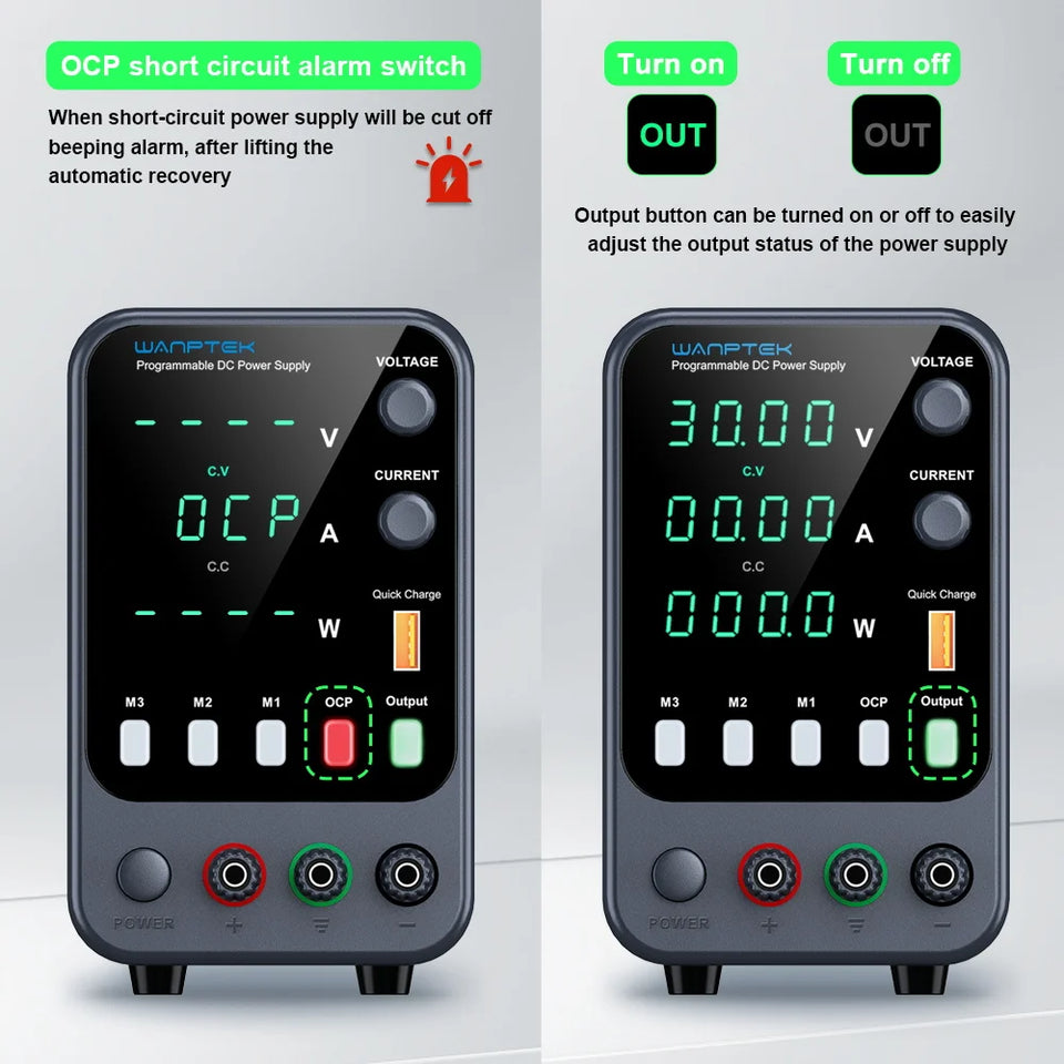 Wanptek Adjustable DC Power Supply 30V 60V 5A 10A Lab Bench Power Supply USB Interface Fast Charging Preset Voltage and Current